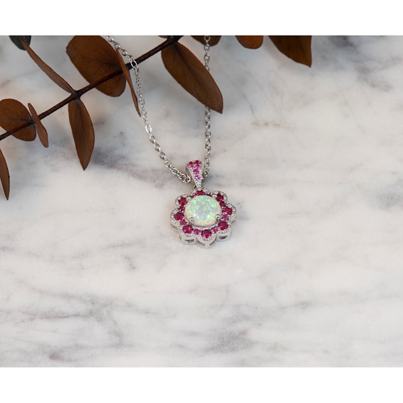 Cheryl M Sterling Silver Rhodium-plated Cabochon Lab Created Opal and Brilliant-cut Red Nano Crystal Flower 18 Inch Necklace