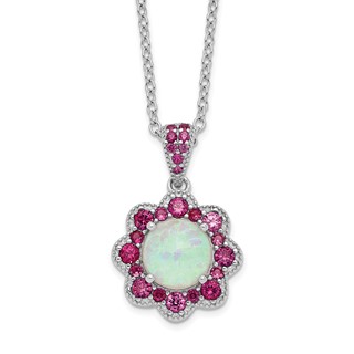 Cheryl M Sterling Silver Rhodium-plated Cabochon Lab Created Opal and Brilliant-cut Red Nano Crystal Flower 18 Inch Necklace