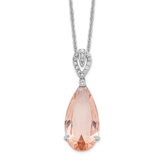 Cheryl M Sterling Silver Rhodium-plated Brilliant-cut Simulated Morganite and White Brilliant-cut CZ Teardrop 18 Inch Necklace