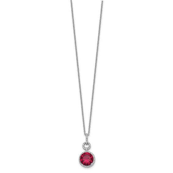 Cheryl M Sterling Silver Rhodium-plated Brilliant-cut Lab Created Ruby and Brilliant-cut White CZ Round Halo 18 Inch Necklace