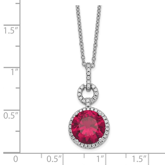 Cheryl M Sterling Silver Rhodium-plated Brilliant-cut Lab Created Ruby and Brilliant-cut White CZ Round Halo 18 Inch Necklace