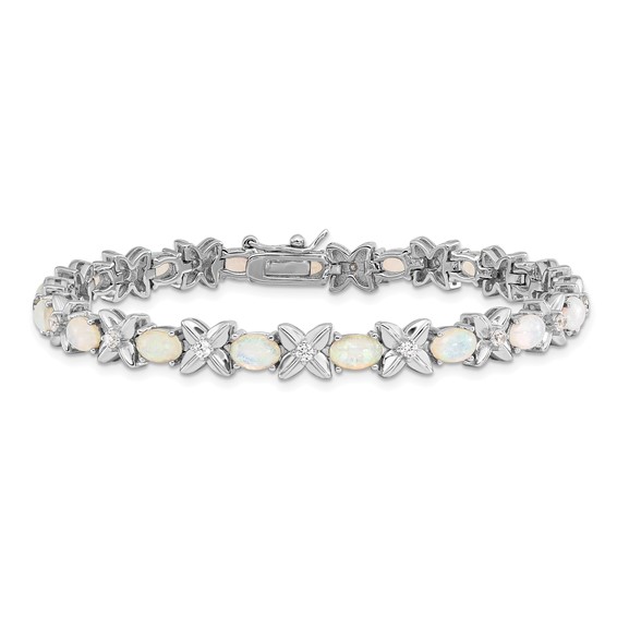 Cheryl M Sterling Silver Rhodium-plated Fancy X and O Cabochon Lab Created Opal and Brilliant-cut CZ 7.25 Inch Bracelet