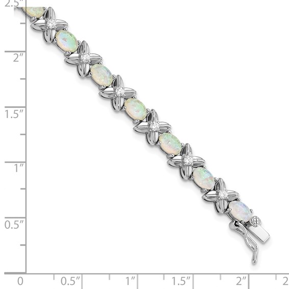 Cheryl M Sterling Silver Rhodium-plated Fancy X and O Cabochon Lab Created Opal and Brilliant-cut CZ 7.25 Inch Bracelet