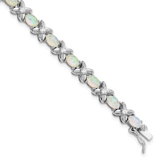 Cheryl M Sterling Silver Rhodium-plated Fancy X and O Cabochon Lab Created Opal and Brilliant-cut CZ 7.25 Inch Bracelet