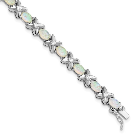 Cheryl M Sterling Silver Rhodium-plated Fancy X and O Cabochon Lab Created Opal and Brilliant-cut CZ 7.25 Inch Bracelet