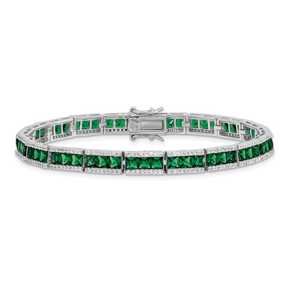 Cheryl M Sterling Silver Rhodium-plated Princess-cut Green Nano Crystal and Brilliant-cut White CZ 7.25 Inch Bracelet