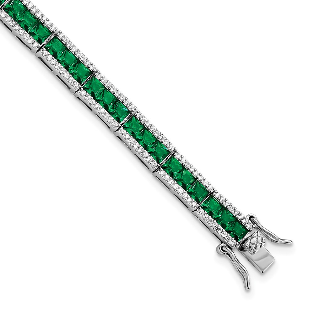 Sterling Silver Cheryl M Rh-p Princess-cut Green Crystal CZ Bar Bracelet