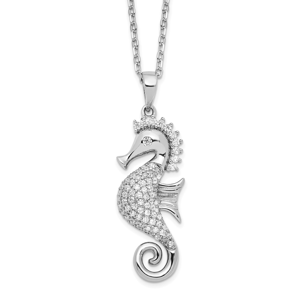 Sterling Silver Cheryl M Rhodium-plated CZ with 2in ext. Seahorse Necklace