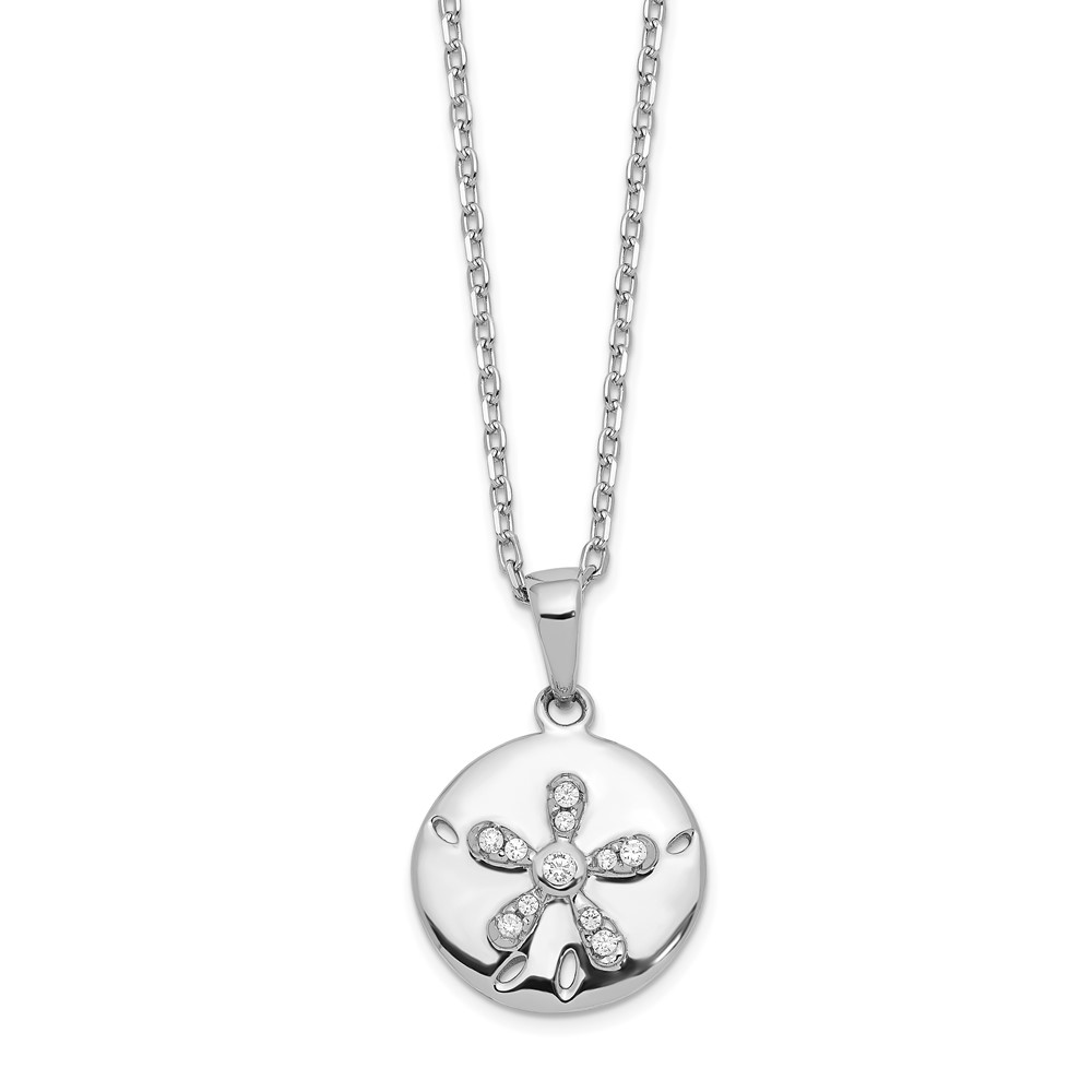 Sterling Silver Cheryl M Rh-p CZ with 2in ext. Polished Sand Dollar Necklac