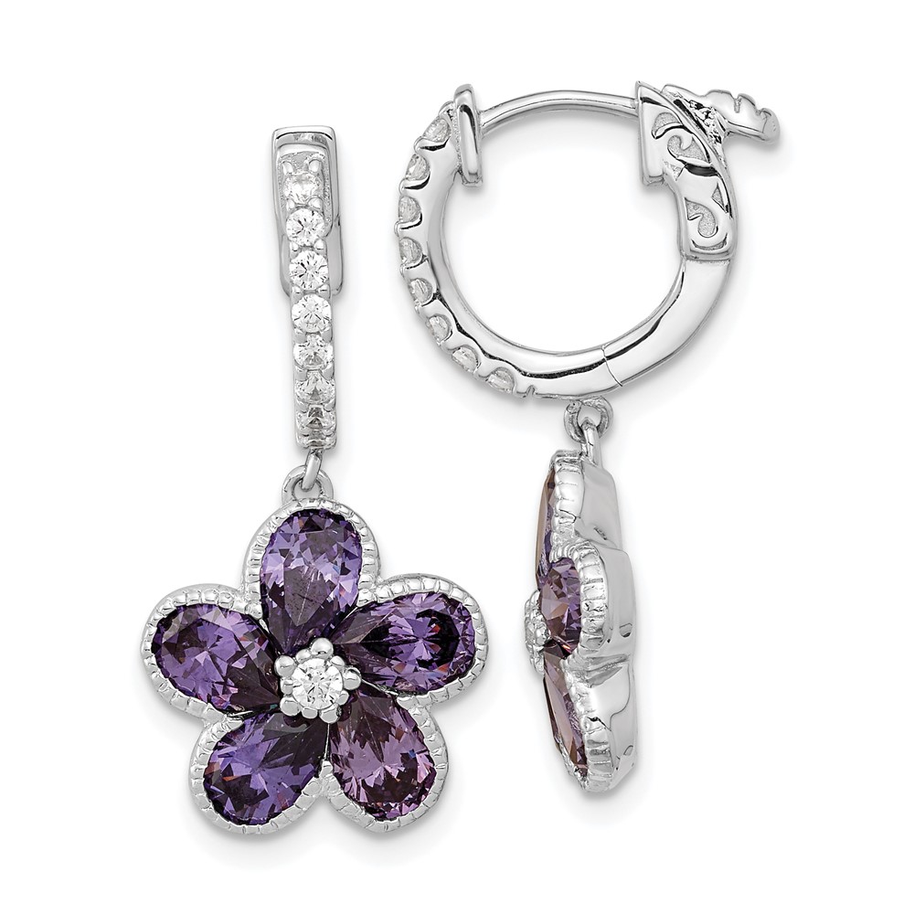 Sterling Silver Cheryl M Rh-p Purple CZ Flower Hinged Hoop Dangle Earrings