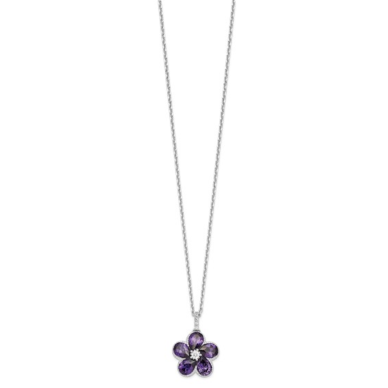 Cheryl M Sterling Silver Rhodium-plated Purple and White Brilliant-cut CZ Flower 16 Inch Necklace with 2 Inch Extender