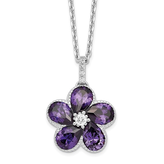 Cheryl M Sterling Silver Rhodium-plated Purple and White Brilliant-cut CZ Flower 16 Inch Necklace with 2 Inch Extender