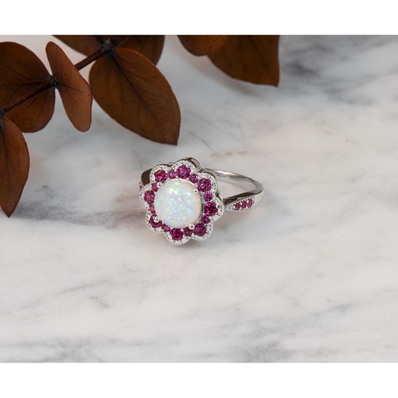 Cheryl M Sterling Silver Rhodium-plated Cabochon Lab Created Opal and Brilliant-cut Red Nano Crystal Flower Ring