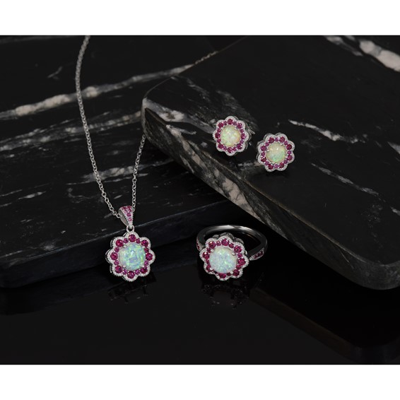 Cheryl M Sterling Silver Rhodium-plated Cabochon Lab Created Opal and Brilliant-cut Red Nano Crystal Flower Ring