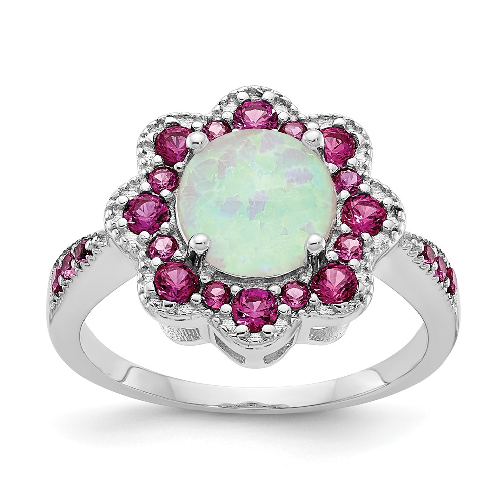 Sterling Silver Cheryl M Rh-p Created Opal Red Nano Crystal Flower Ring