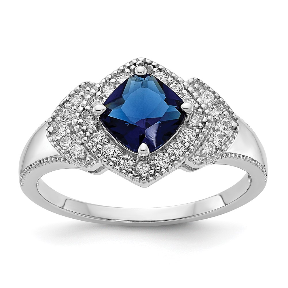 Sterling Silver Cheryl M Rhodium-plated Fancy Blue Glass And CZ Ring