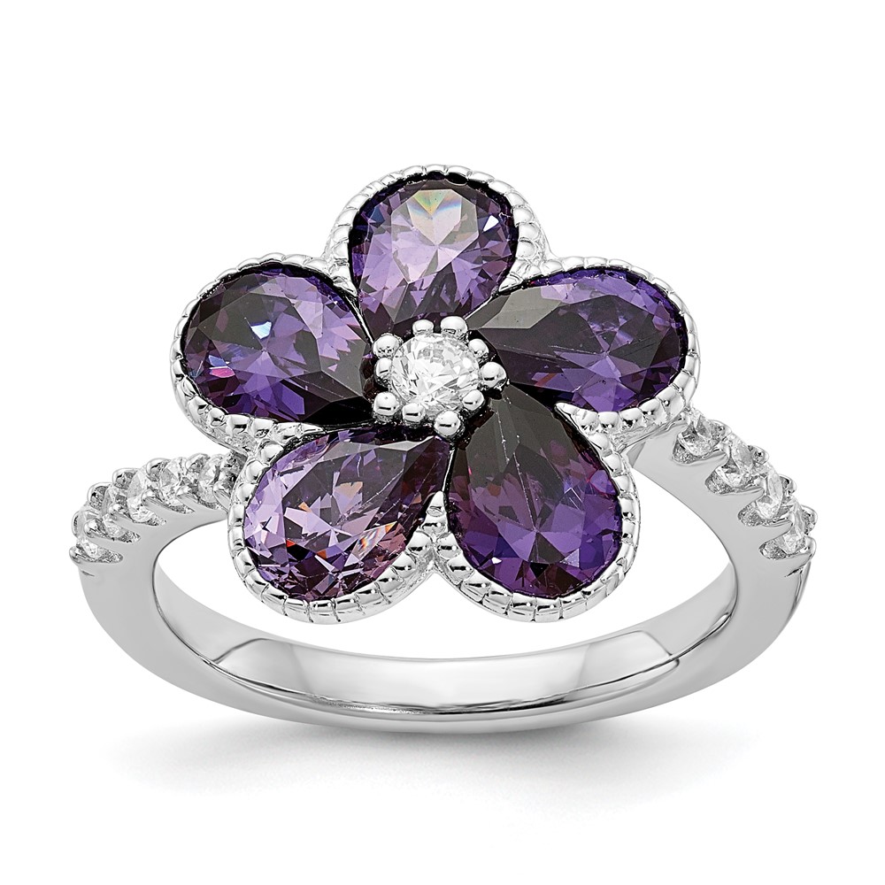 Sterling Silver Cheryl M Rhodium-plated Purple CZ Flower Ring