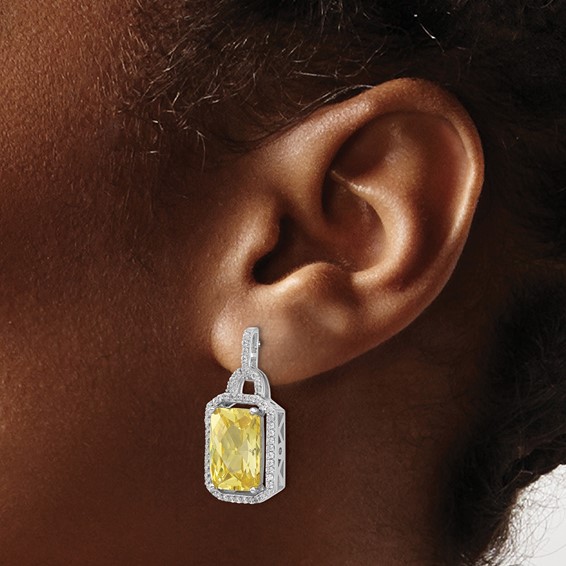 Cheryl M Sterling Silver Rhodium-plated Fancy Yellow Checkerboard-cut and White Brilliant-cut CZ Post Dangle Earrings