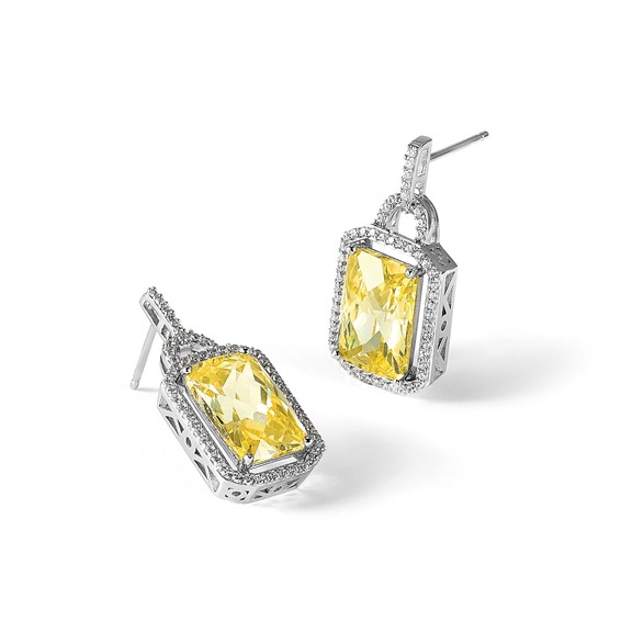 Cheryl M Sterling Silver Rhodium-plated Fancy Yellow Checkerboard-cut and White Brilliant-cut CZ Post Dangle Earrings