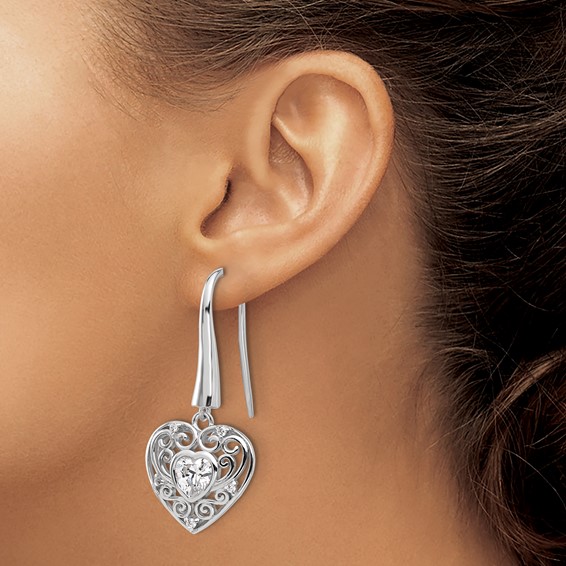 Cheryl M Sterling Silver Rhodium-plated Brilliant-cut CZ Heart Dangle Earrings
