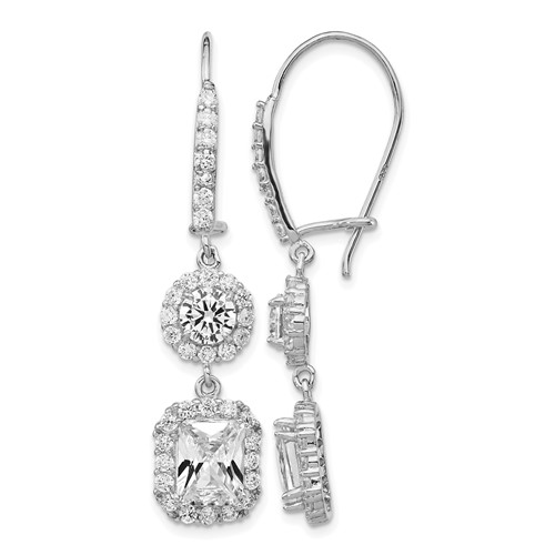 Cheryl M Sterling Silver Rhodium-plated Elongated Cushion-cut and Brilliant-cut CZ Halo Kidney Wire Dangle Earrings