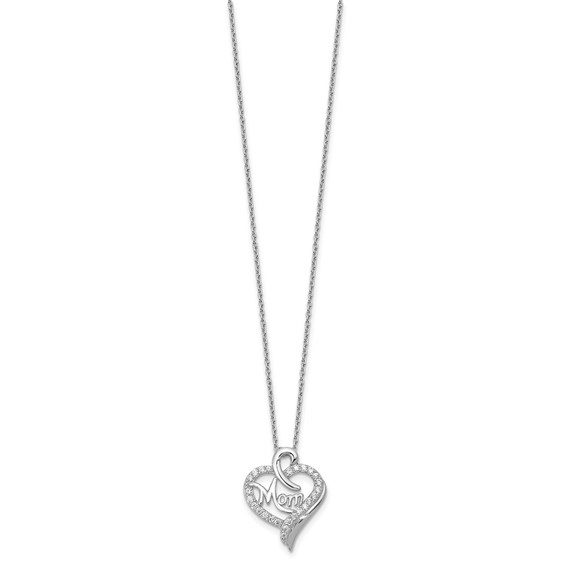 Cheryl M Sterling Silver Rhodium-plated Brilliant-cut CZ MOM Heart 18 Inch Necklace with 2 Inch Extender