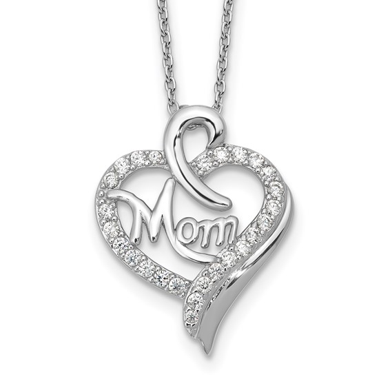 Cheryl M Sterling Silver Rhodium-plated Brilliant-cut CZ MOM Heart 18 Inch Necklace with 2 Inch Extender