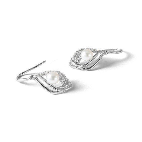 Cheryl M Sterling Silver Rhodium-plated Freshwater Cultured Pearl and Brilliant-cut CZ Teardrop Shepherd Hook Dangle Earrings