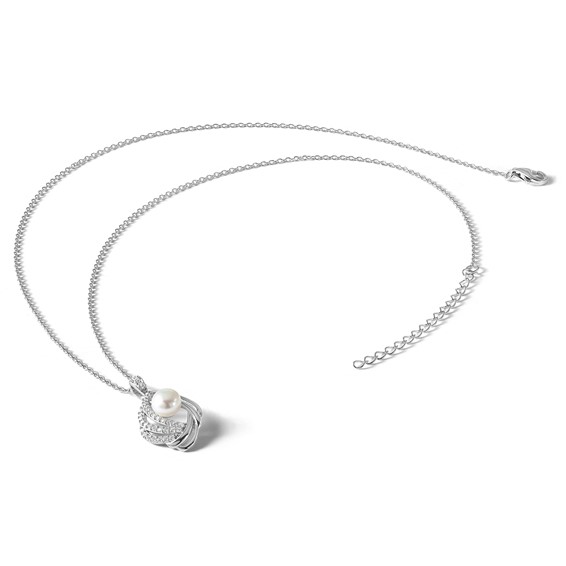 Cheryl M Sterling Silver Rhodium-plated Freshwater Cultured Pearl and Brilliant-cut CZ Teardrop Design 18 Inch Necklace with 2 Inch Extender