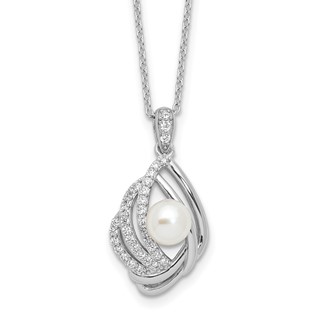 Cheryl M Sterling Silver Rhodium-plated Freshwater Cultured Pearl and Brilliant-cut CZ Teardrop Design 18 Inch Necklace with 2 Inch Extender