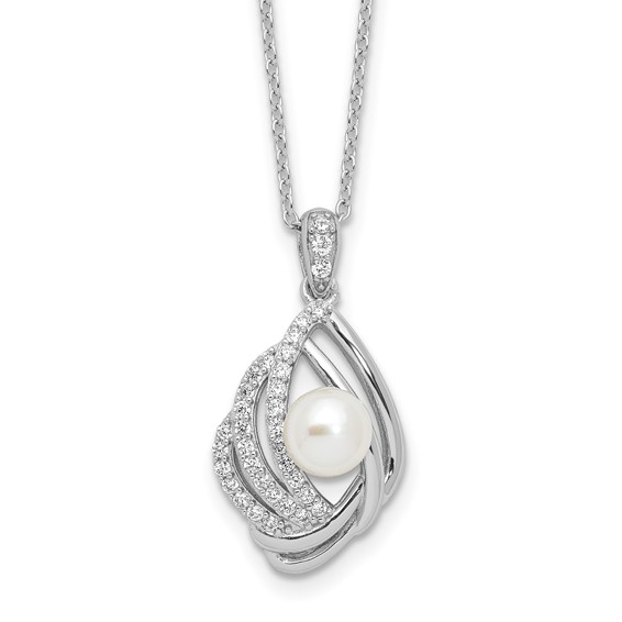 Cheryl M Sterling Silver Rhodium-plated Freshwater Cultured Pearl and Brilliant-cut CZ Teardrop Design 18 Inch Necklace with 2 Inch Extender