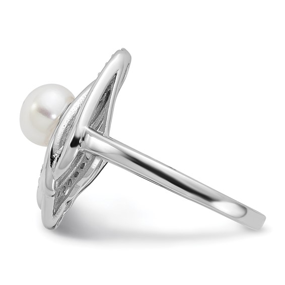 Cheryl M Sterling Silver Rhodium-plated Freshwater Cultured Pearl and Brilliant-cut CZ Fancy Teardrop Design Ring