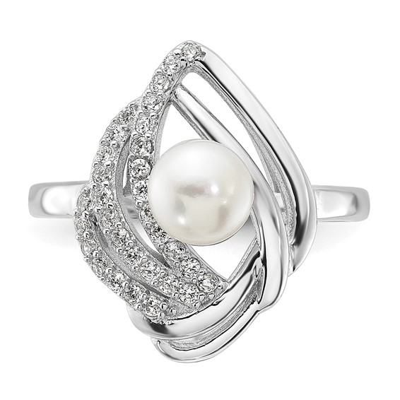 Cheryl M Sterling Silver Rhodium-plated Freshwater Cultured Pearl and Brilliant-cut CZ Fancy Teardrop Design Ring