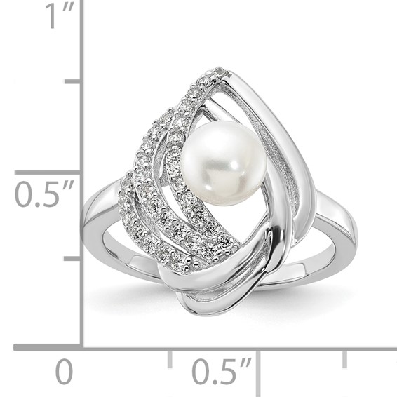 Cheryl M Sterling Silver Rhodium-plated Freshwater Cultured Pearl and Brilliant-cut CZ Fancy Teardrop Design Ring