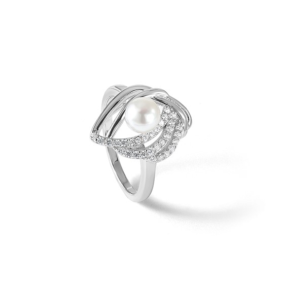 Cheryl M Sterling Silver Rhodium-plated Freshwater Cultured Pearl and Brilliant-cut CZ Fancy Teardrop Design Ring