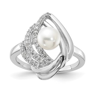 Cheryl M Sterling Silver Rhodium-plated Freshwater Cultured Pearl and Brilliant-cut CZ Fancy Teardrop Design Ring