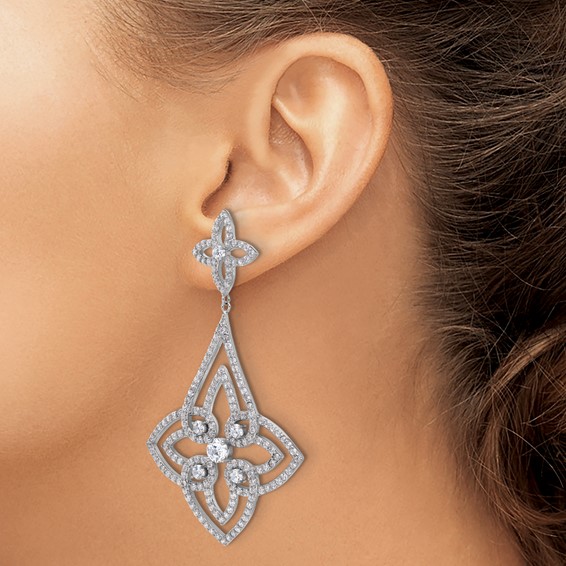 Cheryl M Sterling Silver Rhodium-plated Fancy Floral Design Brilliant-cut CZ Post Dangle Earrings
