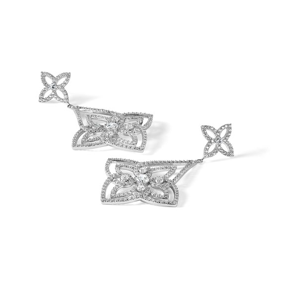 Cheryl M Sterling Silver Rhodium-plated Fancy Floral Design Brilliant-cut CZ Post Dangle Earrings