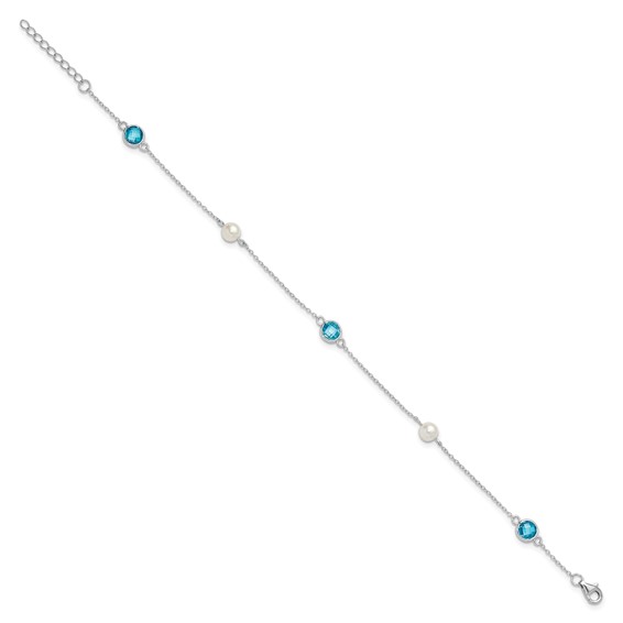 Cheryl M Sterling Silver Rhodium-plated Blue Double Pineapple-cut CZ & White Freshwater Cultured Pearl 5 Station 9 Inch Anklet with 1 Inch Extender