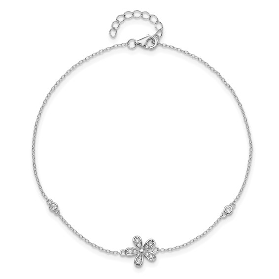 Cheryl M Sterling Silver Rhodium-plated Brilliant-cut CZ Flower 9 Inch Anklet with 1 Inch Extender
