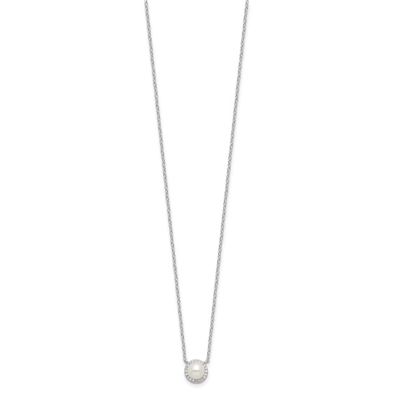 Cheryl M Sterling Silver Rhodium-plated Button Freshwater Cultured Pearl and Brilliant-cut CZ Halo 18 Inch Necklace
