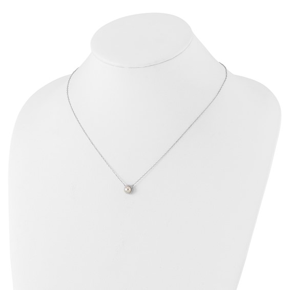 Cheryl M Sterling Silver Rhodium-plated Button Freshwater Cultured Pearl and Brilliant-cut CZ Halo 18 Inch Necklace