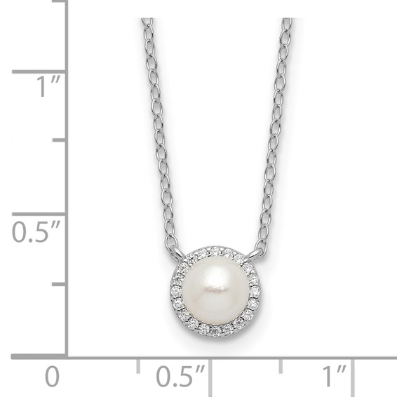 Cheryl M Sterling Silver Rhodium-plated Button Freshwater Cultured Pearl and Brilliant-cut CZ Halo 18 Inch Necklace