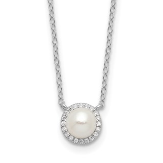 Cheryl M Sterling Silver Rhodium-plated Button Freshwater Cultured Pearl and Brilliant-cut CZ Halo 18 Inch Necklace