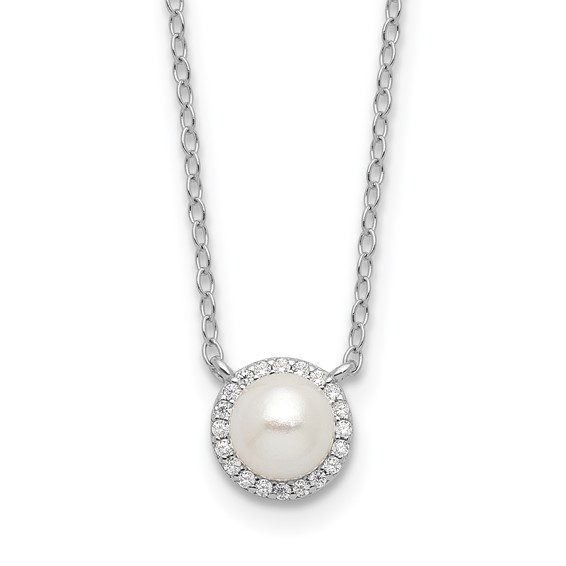 Cheryl M Sterling Silver Rhodium-plated Button Freshwater Cultured Pearl and Brilliant-cut CZ Halo 18 Inch Necklace