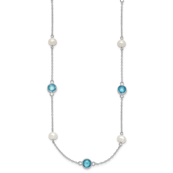 Cheryl M Sterling Silver Rhodium-plated Blue Double Pineapple-cut CZ & White Freshwater Cultured Pearl 9 Station 18 Inch Necklace with 2 Inch Extender