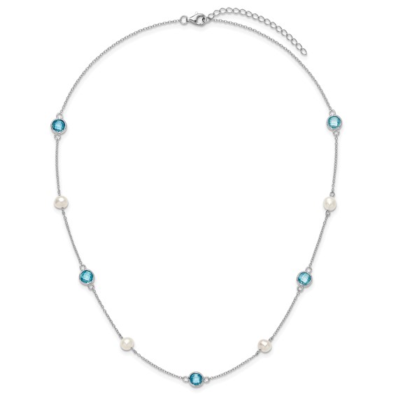 Cheryl M Sterling Silver Rhodium-plated Blue Double Pineapple-cut CZ & White Freshwater Cultured Pearl 9 Station 18 Inch Necklace with 2 Inch Extender
