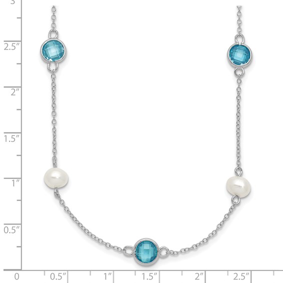 Cheryl M Sterling Silver Rhodium-plated Blue Double Pineapple-cut CZ & White Freshwater Cultured Pearl 9 Station 18 Inch Necklace with 2 Inch Extender