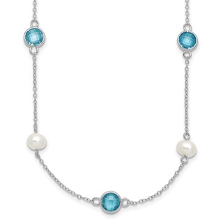 Cheryl M Sterling Silver Rhodium-plated Blue Double Pineapple-cut CZ & White Freshwater Cultured Pearl 9 Station 18 Inch Necklace with 2 Inch Extender