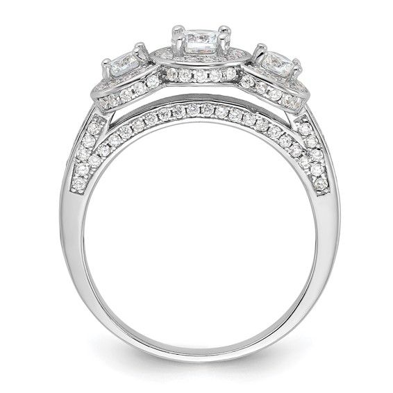 Cheryl M Sterling Silver Rhodium-plated Brilliant-cut CZ Three Stone Halo w/ Side Stones Ring